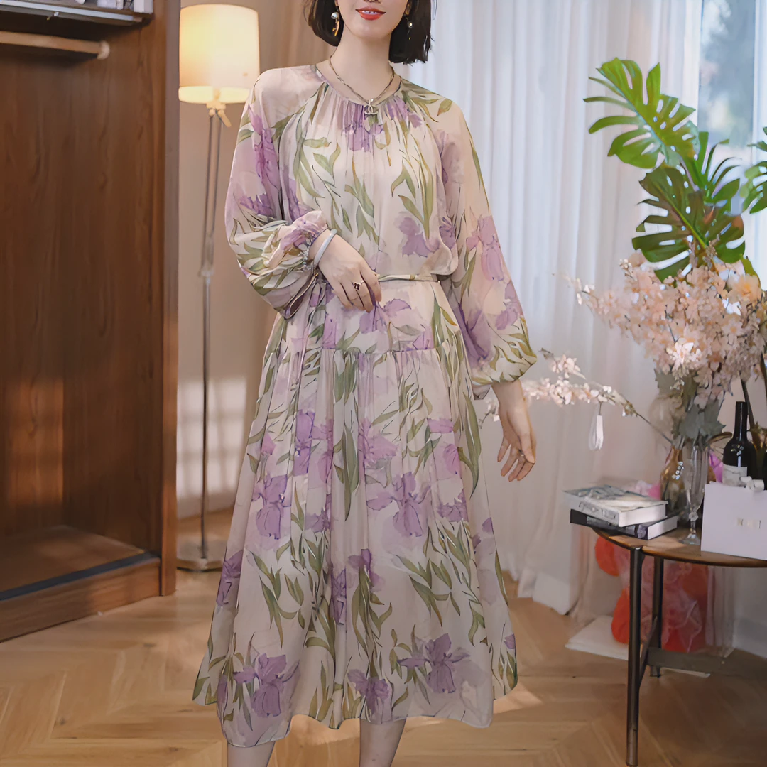 【白小白精选】鸢尾花爱丽丝印花桑蚕丝连衣裙显瘦中长款收腰 9584