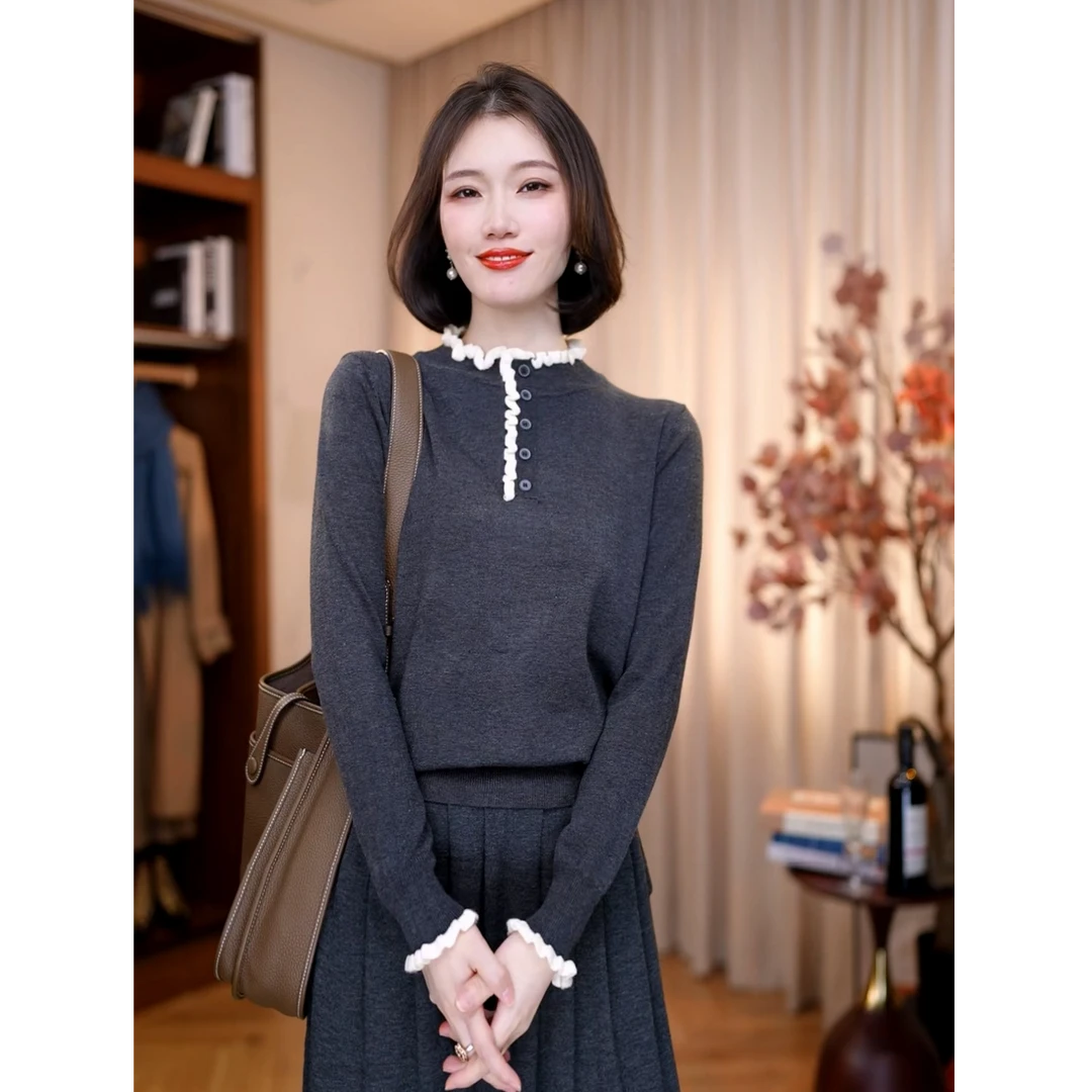 【白小白精选】长乐未央套头羊毛打底衫木耳花边撞色设计感毛衣3015