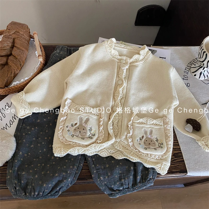 女童卡通毛衣套装2024新款韩版童装女宝宝秋冬加厚裤子两件套