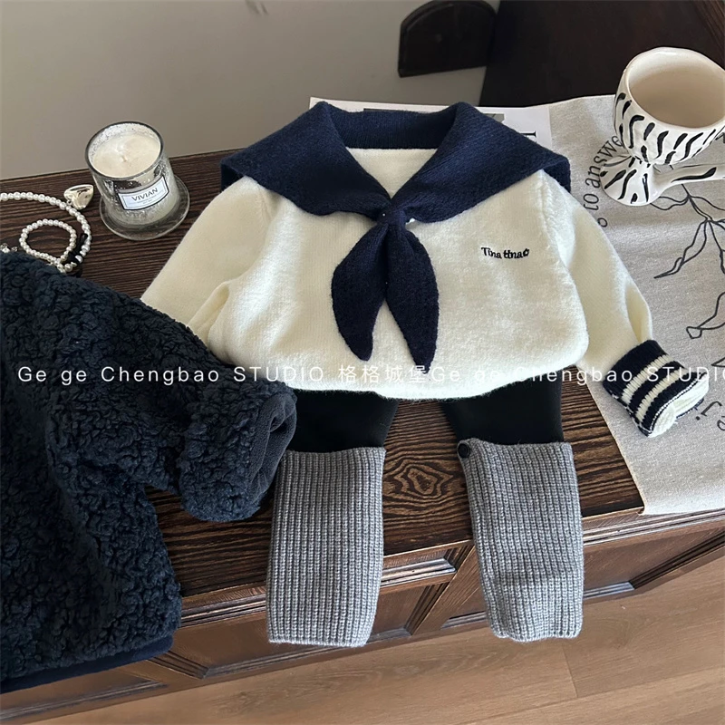 女童毛衣套装2024新款韩版童装女宝宝秋冬加绒打底裤两件套