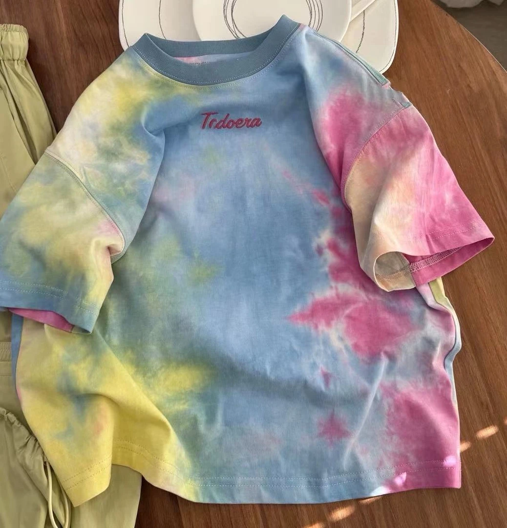 【国风】夏季儿童时尚设计师水墨扎染迷彩宽松渐变满印圆领半袖