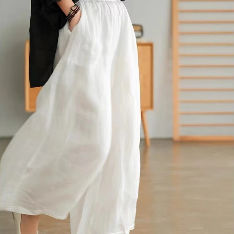 9122苎麻阔腿裤女装显瘦高腰休闲百搭夏季复古纯色中长款宽松春夏