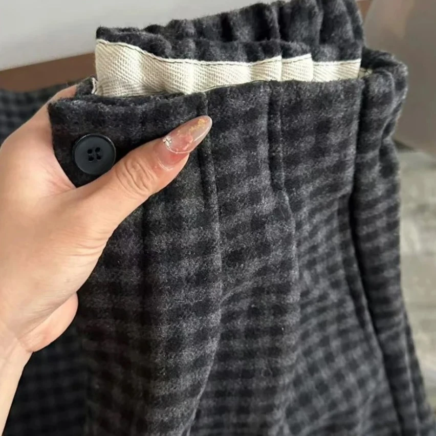 秋冬新款加厚复古格子裤女半松紧垂感宽松百搭显瘦经典阔腿裤