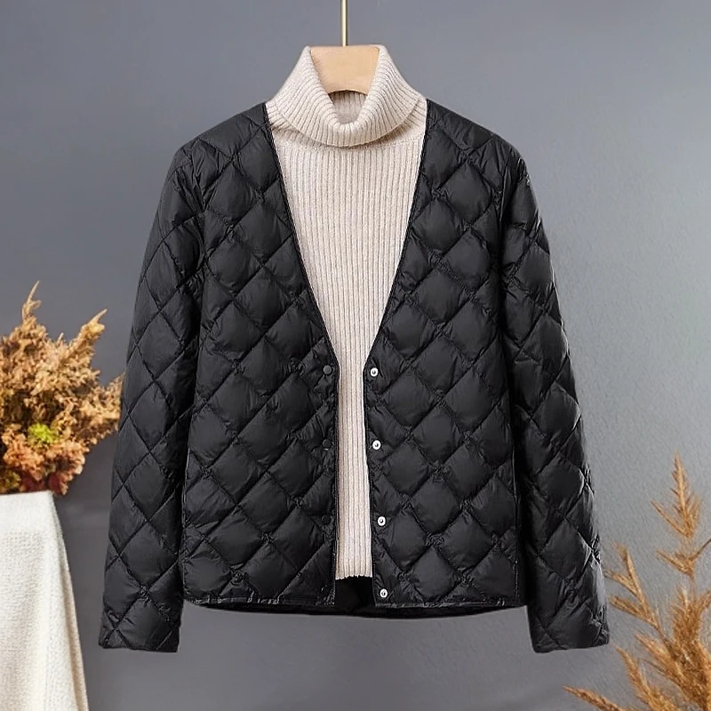 轻薄羽绒服菱形格打底v领95白鸭绒内搭短款秋冬校服神器内胆女款