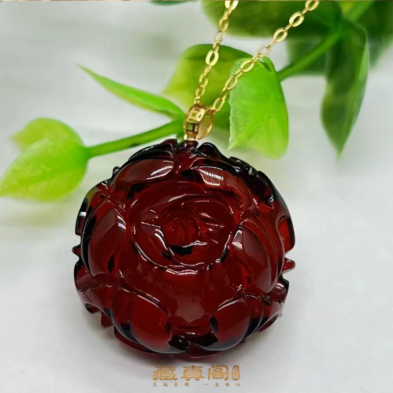 【藏真阁】天然珠宝琥珀 18K血珀牡丹花吊坠 粉丝福利款 H0163