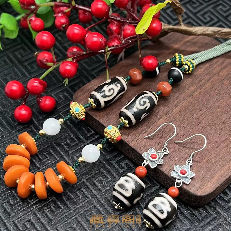 【藏真阁】H0567天然琥珀蜜蜡DIY项链珠珠耳环复古套装(两件套)