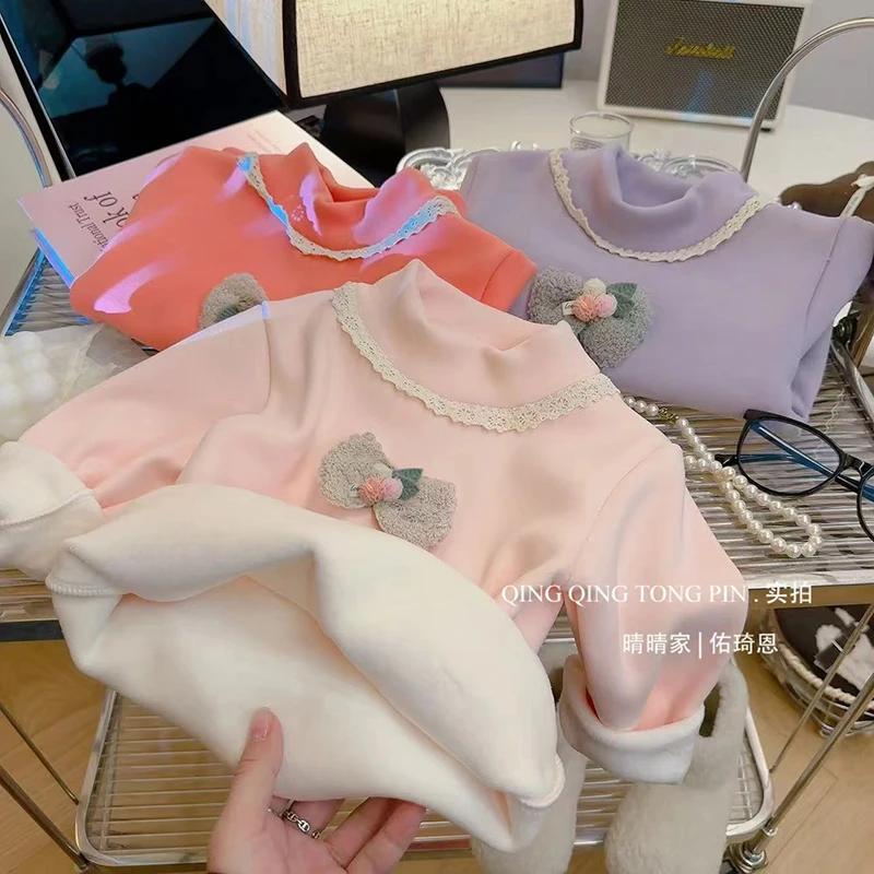 春秋季新款女童打底衫加绒加厚儿童内搭洋气保暖上衣女宝一体绒T