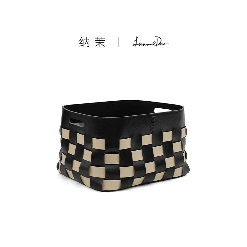 Lamomedeco黑白棋盘格收纳筐脏衣篓家居衣帽间卧室皮革编织收纳篮
