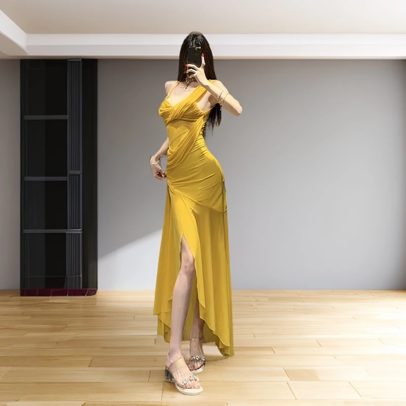 h8/f200【JOJO】性感气质显瘦清冷法式仙柔度假裙设计感开衩连衣裙