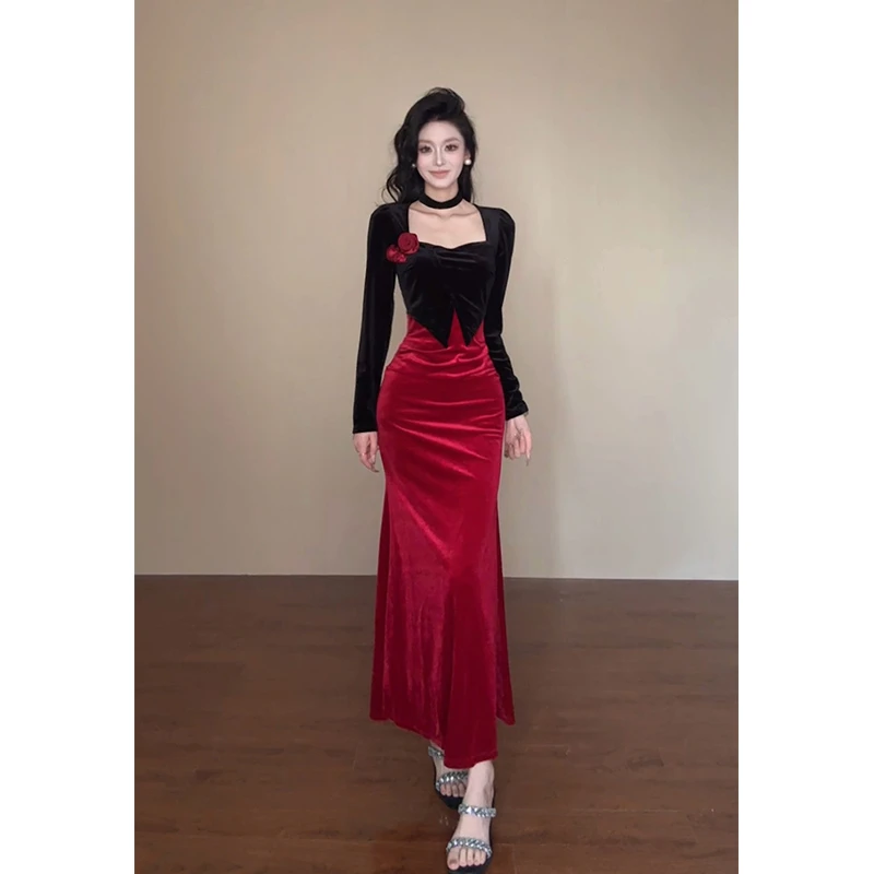 【元元】法式复古气质性感收腰高级礼服裙长袖带花假两件修身裙