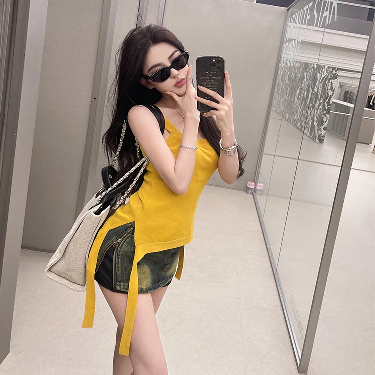 2024夏季不规则纯欲性感吊带背心绑带显瘦气质无袖设计感背心外穿