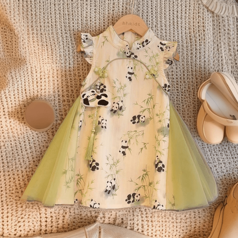 女童飞袖国风熊猫连衣裙2024夏季新款盘扣气质裙子L55236儿童洋气