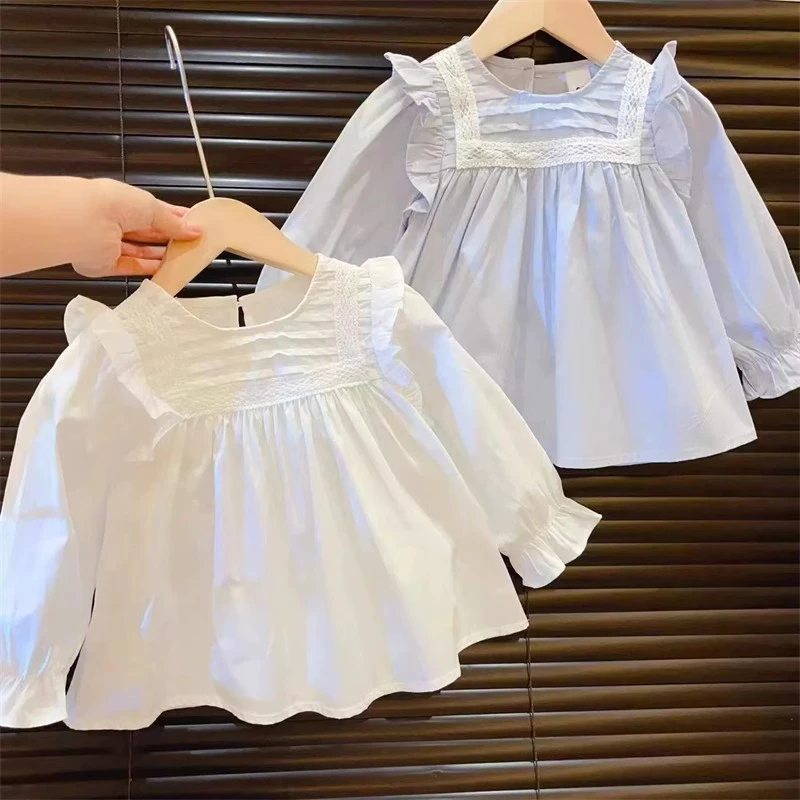 新款清新洋气女童娃娃衫秋季新款儿童时髦荷叶边上衣宝宝休闲衬衫