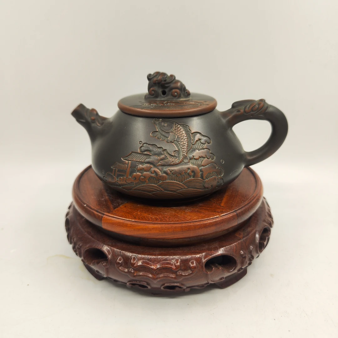 约240毫升左右 龙瓢浮雕工艺鱼跃龙门紫泥陶土纯手工 泡茶壶