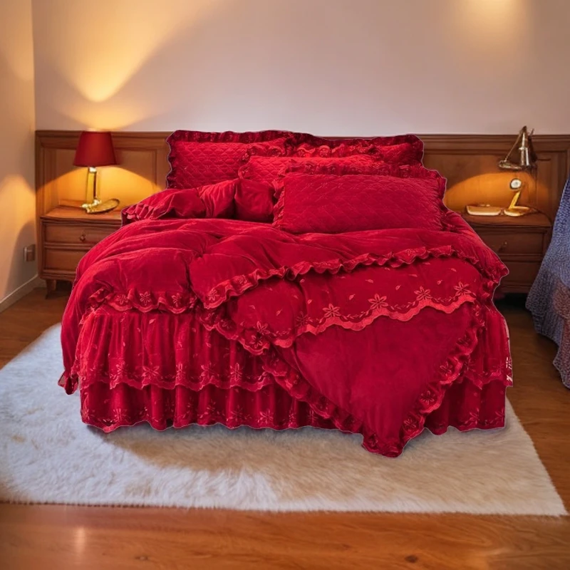 高端婚绒加欧式罩床罩结纯色宝宝绒被套床裙加陪嫁床品冬季  红色