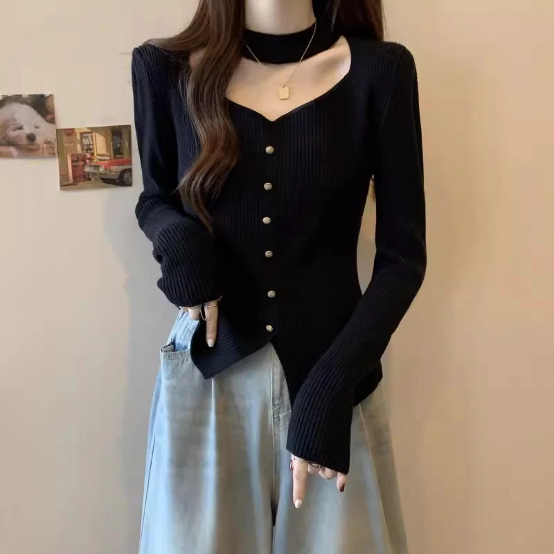 设计感露锁骨挂脖针织长袖毛衣女修身上衣打底衫小个子外穿上衣