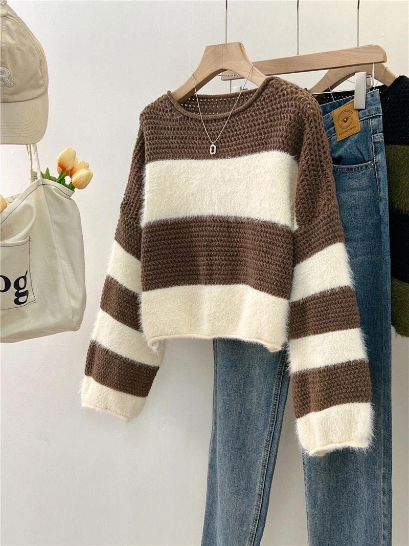 韩版小众别致条纹撞色毛衣女秋季短款软糯设计感复古宽松针织上衣