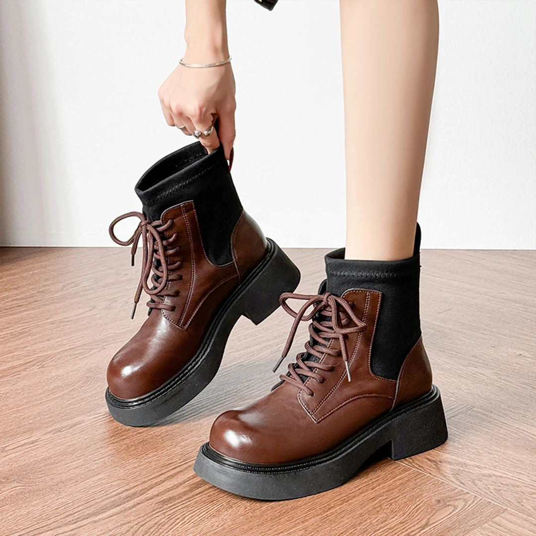 百搭马丁靴女2025秋冬新款英伦风绑带厚底粗跟复古时尚瘦瘦短靴女