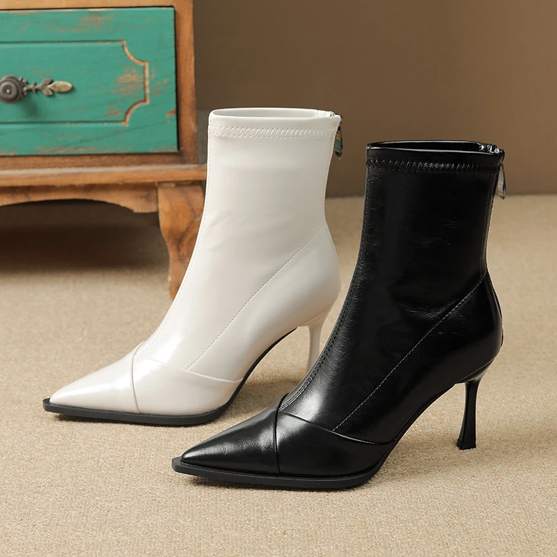 百搭尖头欧美风瘦瘦靴细跟高跟短靴女拼接后拉链秋冬新款气质2025