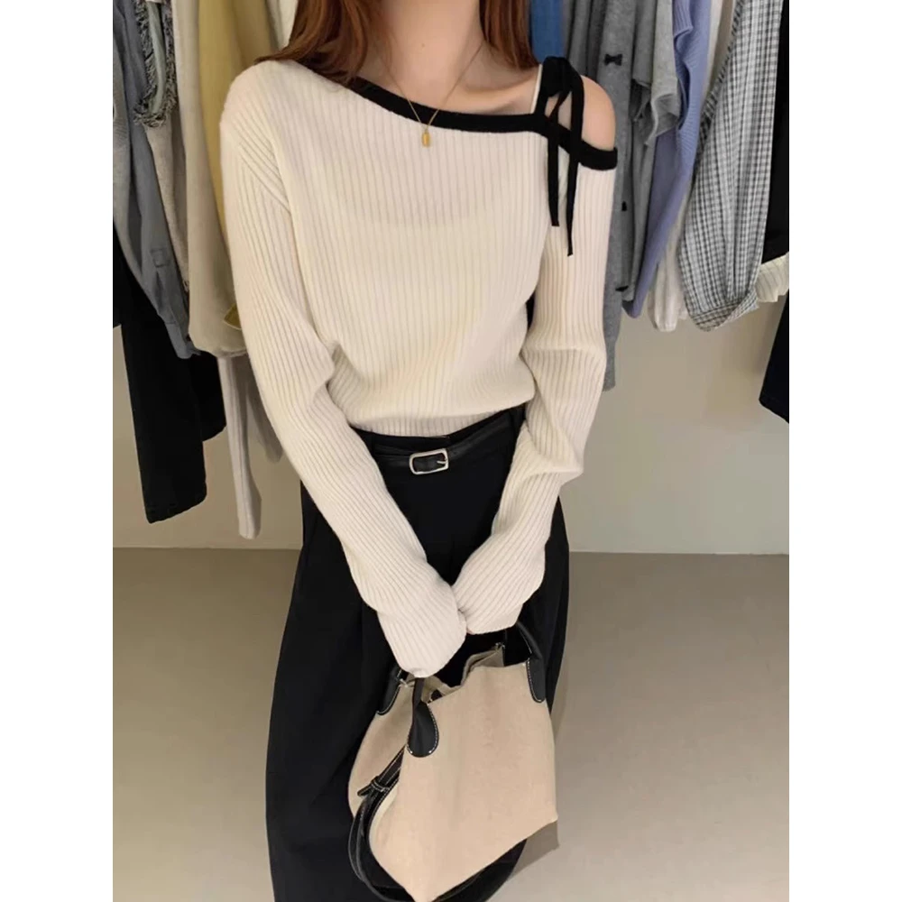 韩系简约温柔气质露肩针织毛衣女欧洲站2024春秋新款系带显瘦上衣