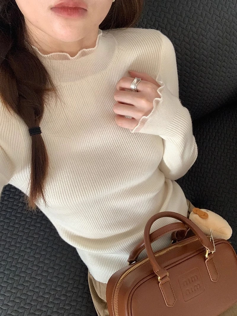 木耳边法式复古半高领打底针织衫女秋冬设计感小众内搭软糯上衣薄