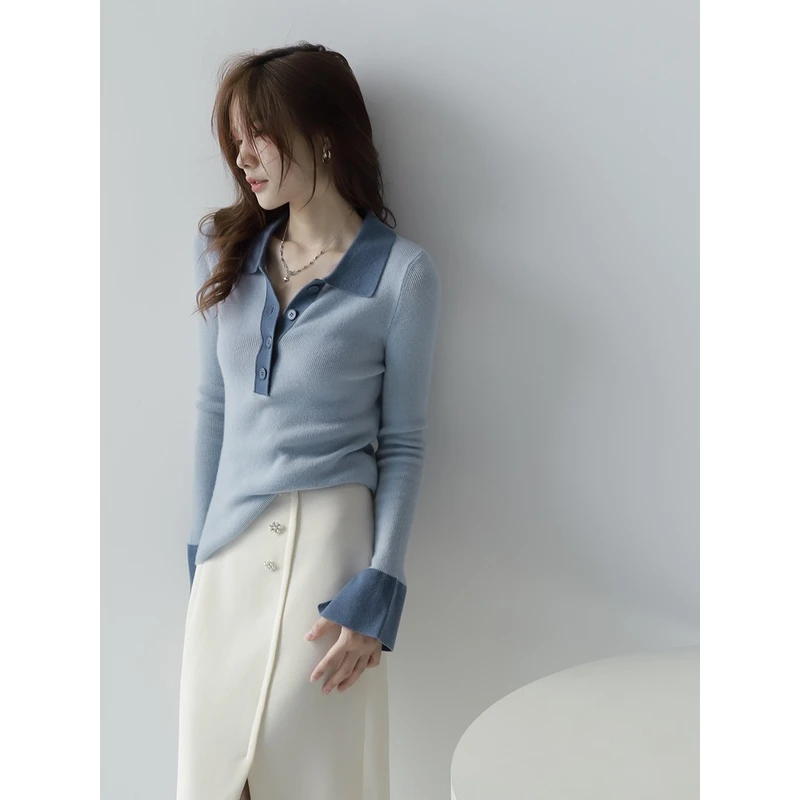 法式polo领针织打底衫女秋季内搭上衣长袖撞色气质修身翻领毛衣女