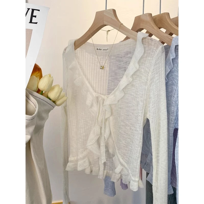 木耳边薄款防晒针织开衫女夏季配吊带裙外搭罩衫白色空调衫上衣薄
