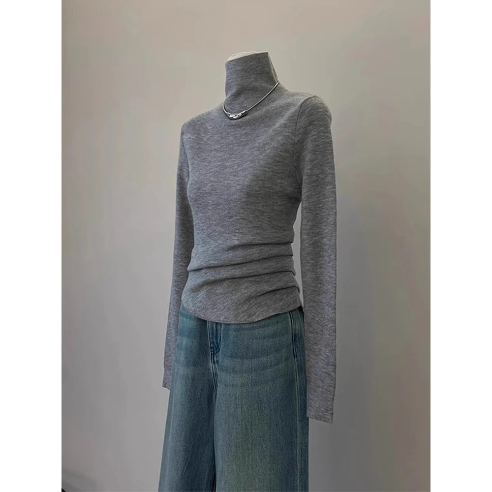 高级感灰色高领针织衫女秋冬韩版百搭修身显瘦毛衣内搭打底衫上衣