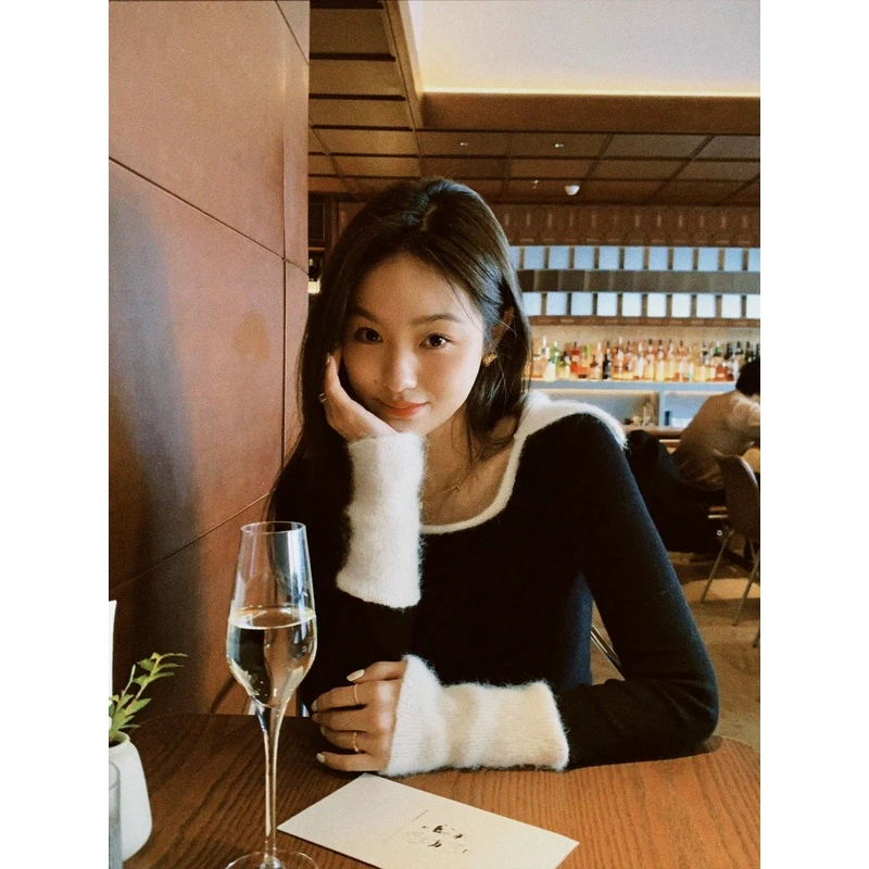 黑色方领短款内搭打底衫女早春新款季翻领毛衣针织衫修身长袖上衣