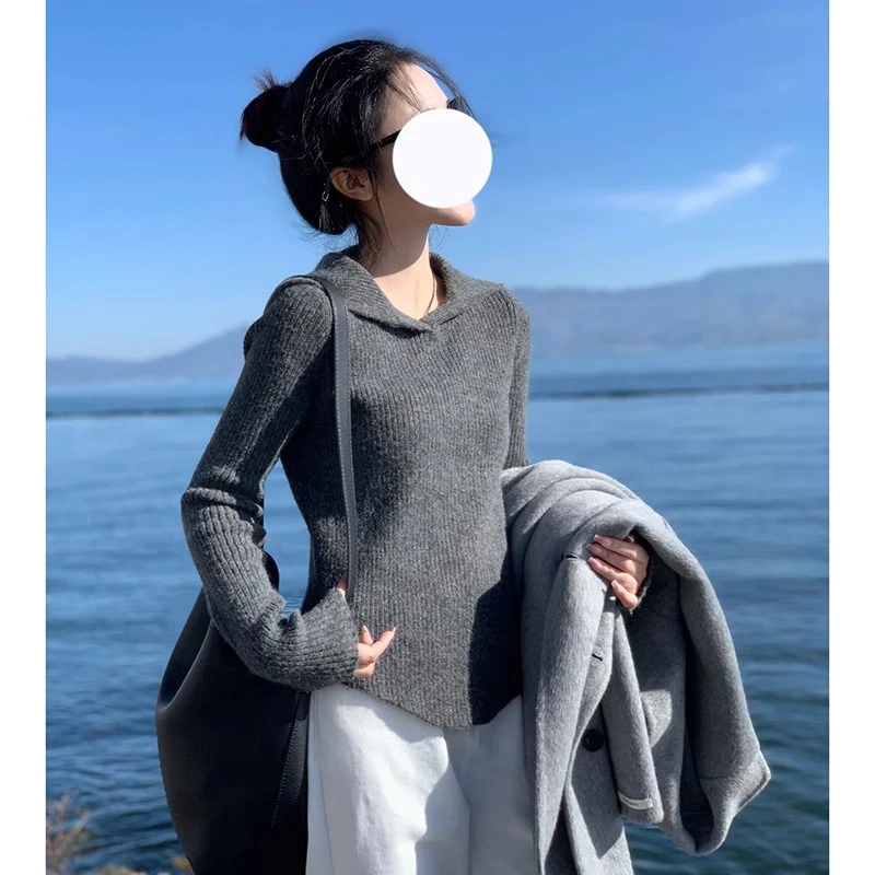 不规则灰色套头毛衣连帽毛衣女早春款修身内搭打底长袖针织衫帽衫