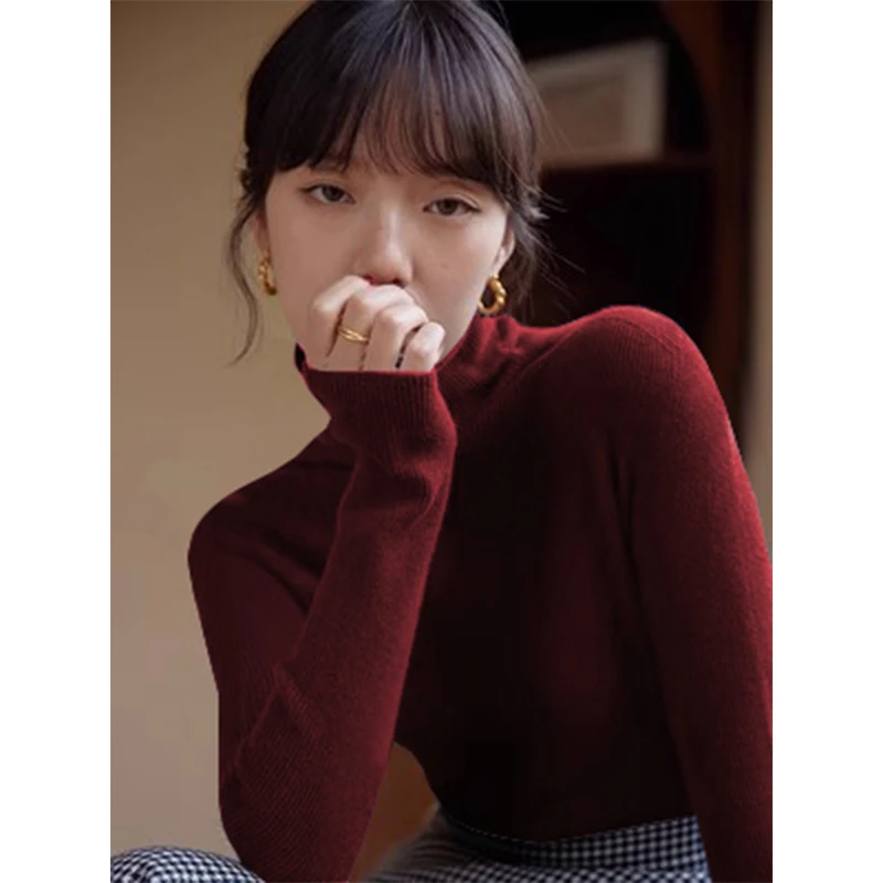 法式复古高领内搭打底针织衫女秋冬新款软糯毛衣修身显瘦纯色上衣