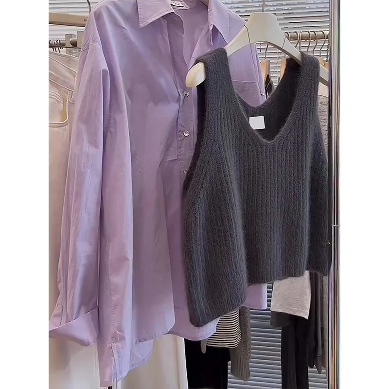 灰色V领套头针织马甲女春秋小个子短款毛衣背心衬衫叠穿无袖坎肩
