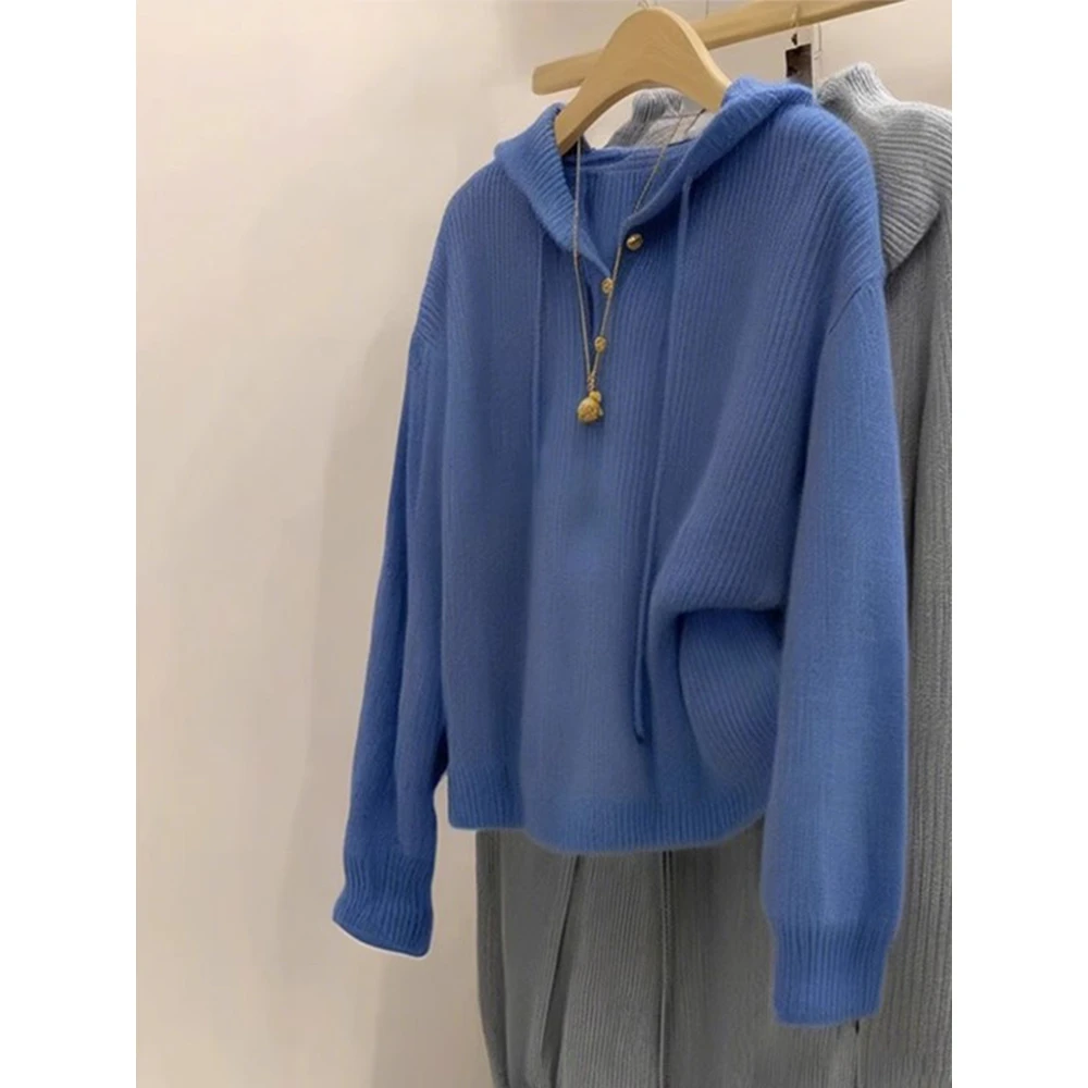 慵懒风高级感克莱因蓝连帽打底衫针织上衣秋冬独特漂亮内搭外套厚