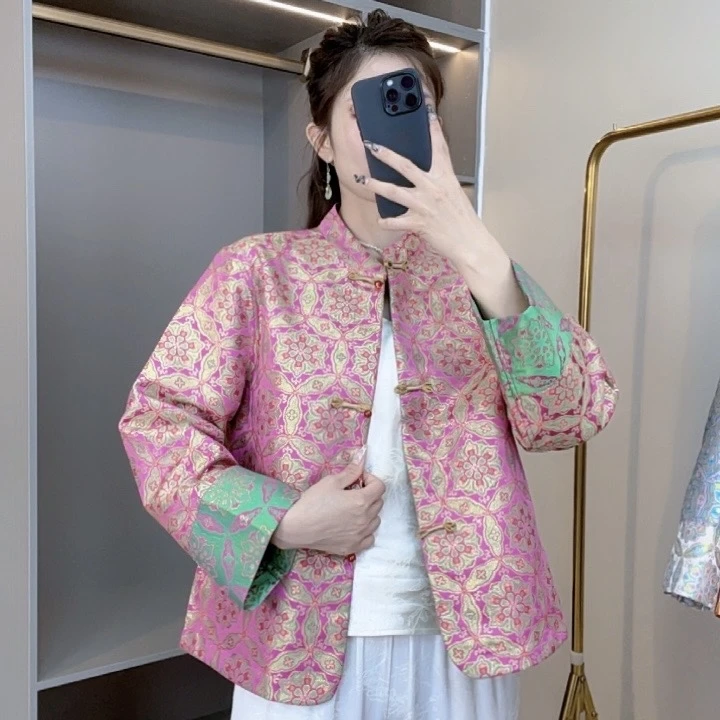 2024秋冬新款立领新中式国风盘扣提花时尚百搭宽松长袖上衣外套女