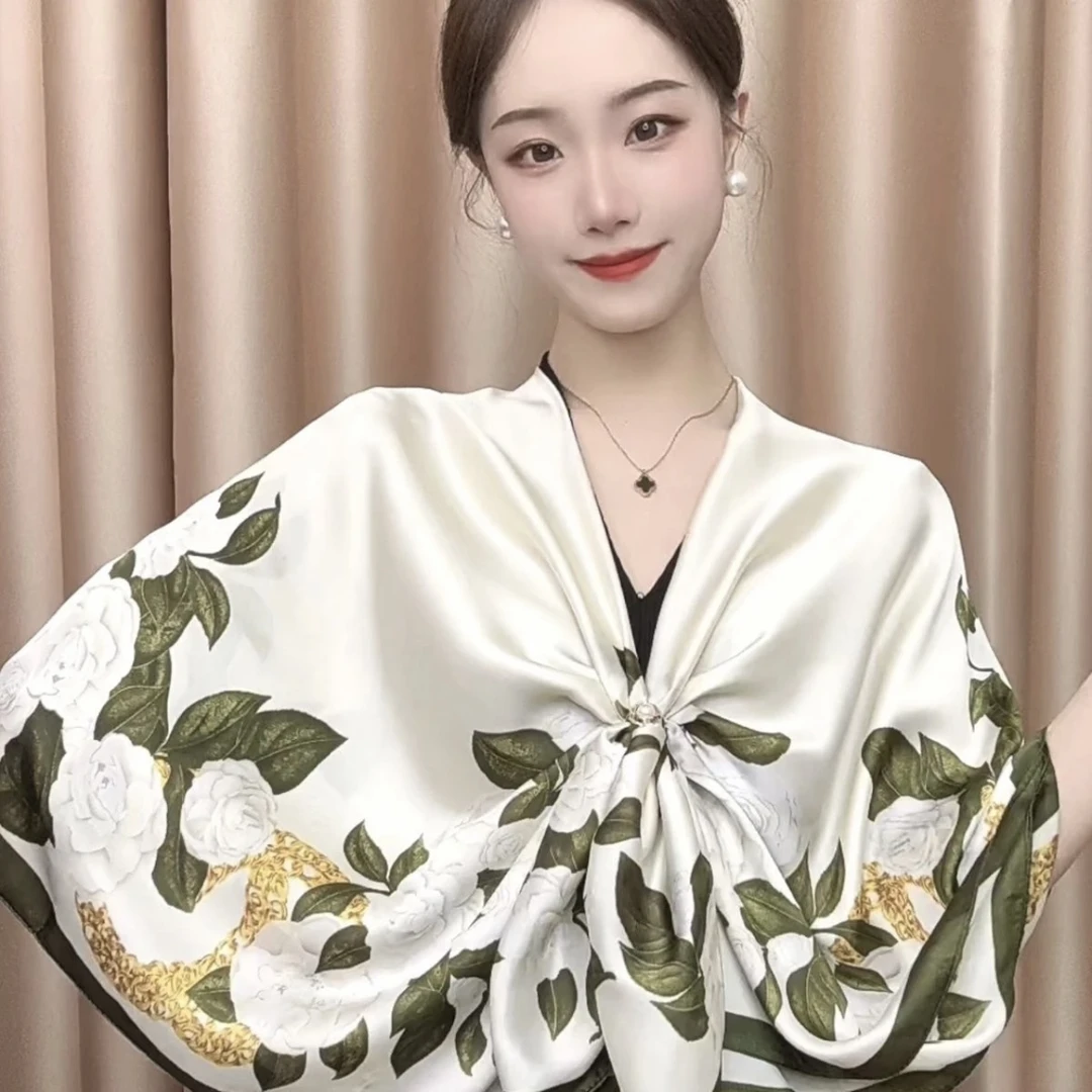 002 栀子花开气质贵气180*80丽景缎新款长巾百搭围巾高端丝巾通用