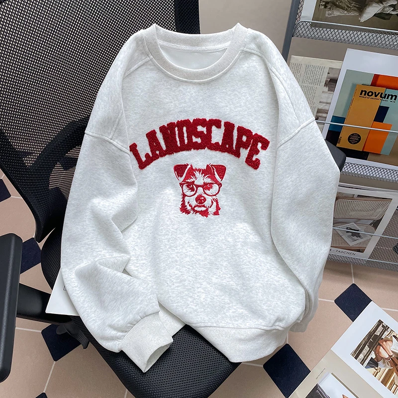 美式潮流慵懒风设计感眼镜狗刺绣卫衣女秋冬季宽松加绒休闲上衣服