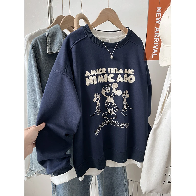 秋冬慵懒风宽松百搭米老鼠刺绣卫衣女美式潮流复古休闲长袖上