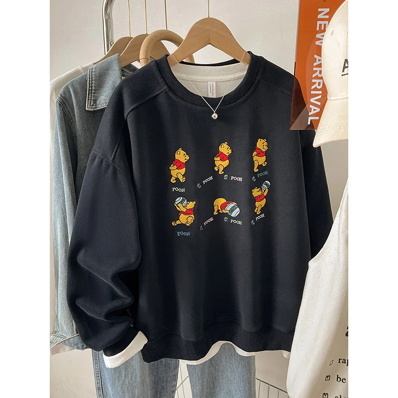 宽松胖MM小熊刺绣套头卫衣女2025新款韩版加厚加绒百搭圆领上