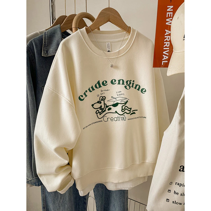 韩版通勤风线条狗狗刺绣爆款卫衣女2025新款宽松休闲胖MM圆领