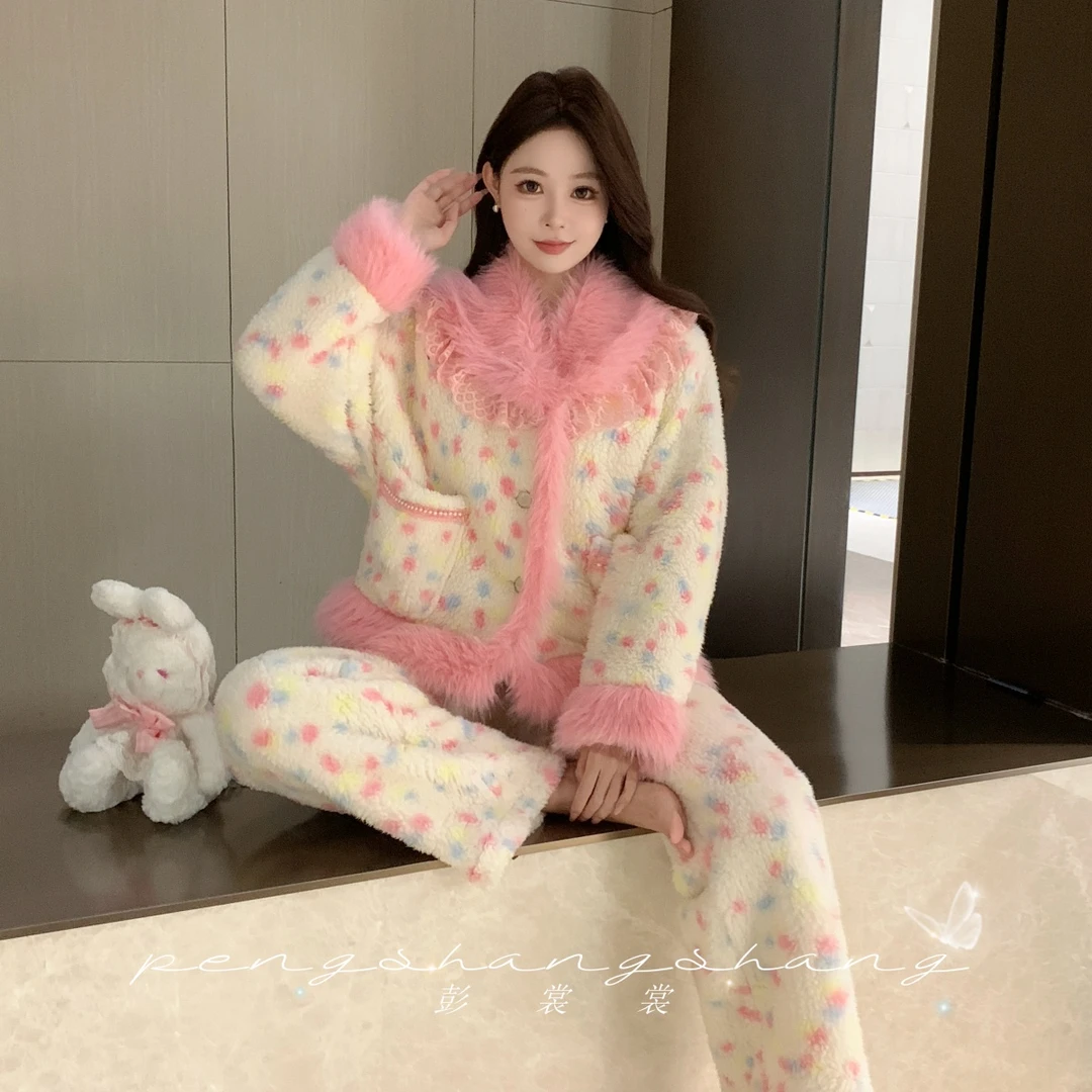 彭裳裳【糖果多巴胺】冬装上新女士加厚保暖居家服潮流百搭睡衣套装