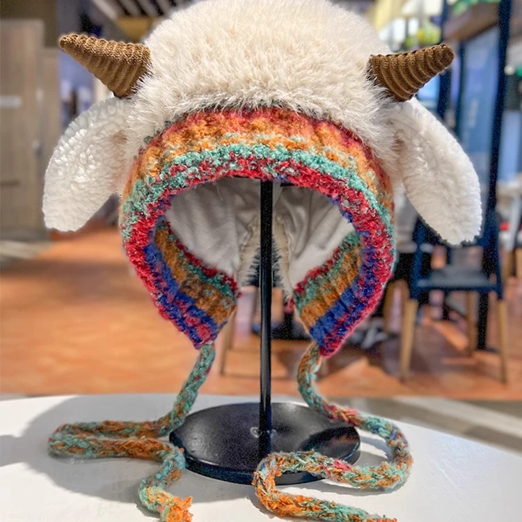 女秋冬季韩版可爱小羊毛绒帽子保暖绑带针织护耳帽百搭套头雷锋帽