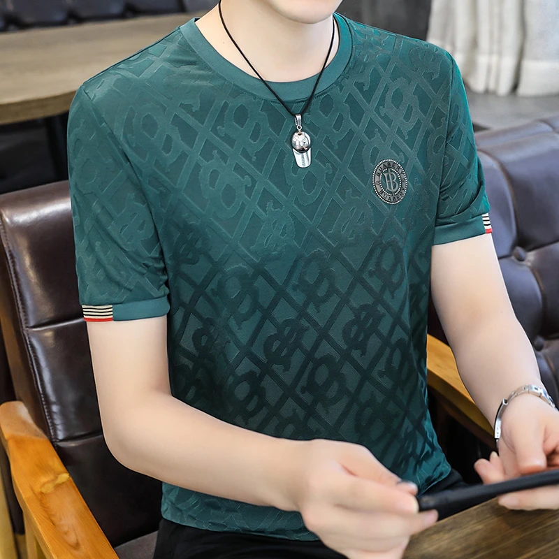提花工艺夏季男士高档帅气时尚薄款冰感透气圆领潮流百搭上衣短袖