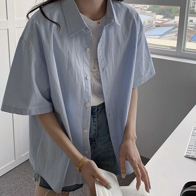 夏季新品盐系别致薄款简约蓝色纯棉短袖衬衫女设计感小众休闲上衣