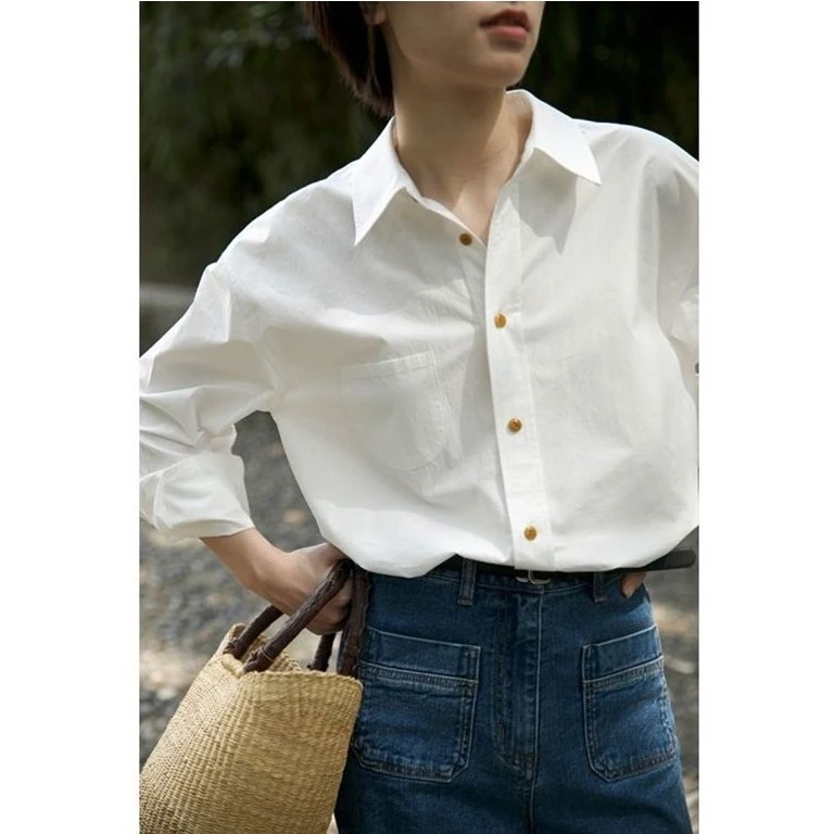 2025新款上衣女法式复古白色纯棉衬衫宽松百搭高级感小众长袖衬衣