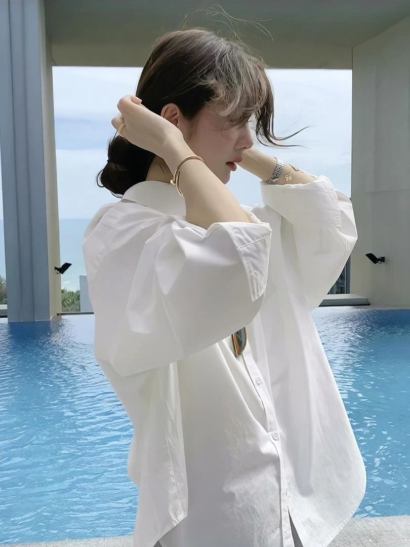 早秋白色纯棉衬衫女休闲衬衣外套设计感小众宽松显瘦长袖法式上衣