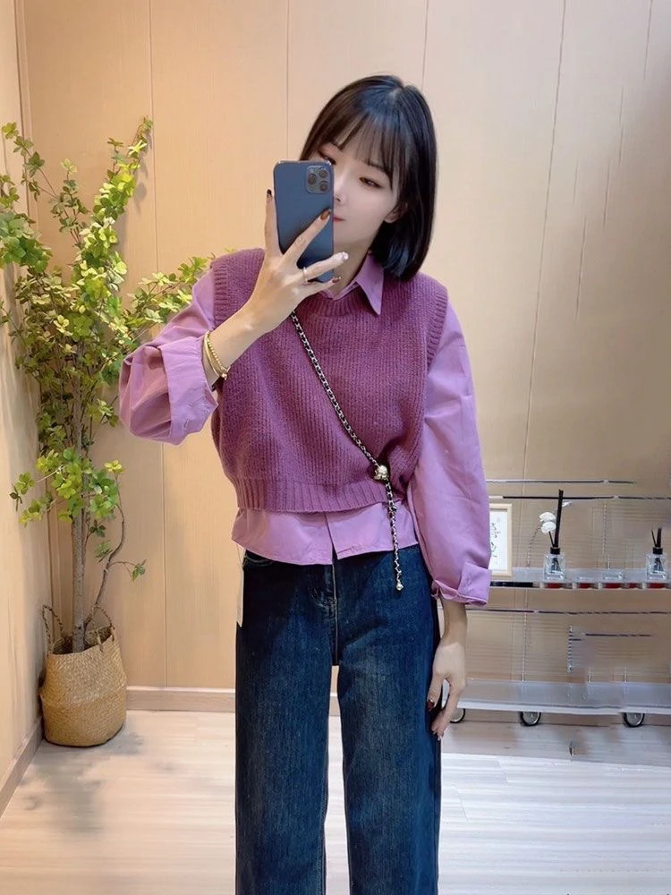 SX韩系针织马甲背心春秋2024新款宽松显瘦百搭翻领长袖衬衫两件套