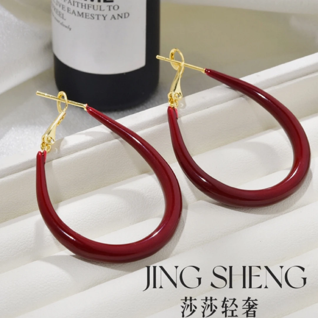 铜合金珐琅耳饰 秋冬新款【红色浪漫2】时尚简约气质安可拉红色耳圈