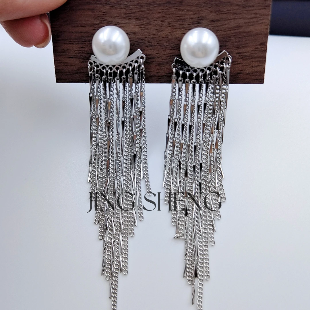 铜合金仿珍珠耳饰 【浪漫不止】时尚轻奢百搭气质长款流苏耳环金色