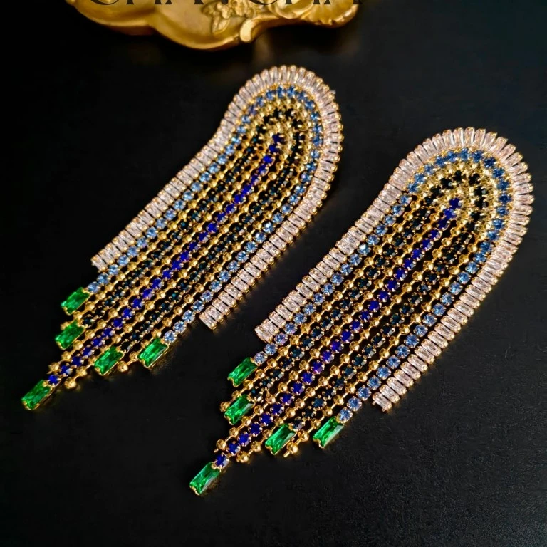 铜合金合成锆石耳饰 【暮色年华】欧美重工满锆夸张流苏耳环