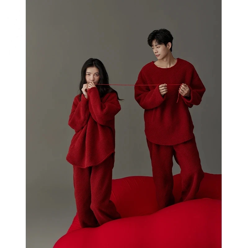 【新年战衣】情侣款睡衣男女长袖喜庆红色加厚珊瑚绒奢华家居服套装